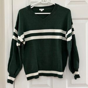 Le Lis Dark Green V Neck Sweater with White Stripe